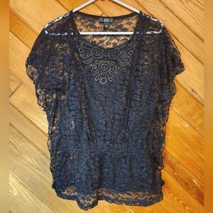 AGB small black double layer floral lace ruffle short sleeved blouse